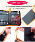 Glass Cutting Tools Set For DIY Projects Glass Cutter Kit With Running Pliers And Breaking Pliers Stained Glass Tools With Curved Jaws In Zipper Bag Replacement Blades Included, shown in leather zipper bag with close-up details.