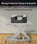 Scissor lift table demonstrating 200 lbs weight capacity for home and industrial use, suitable for heavy-duty applications.