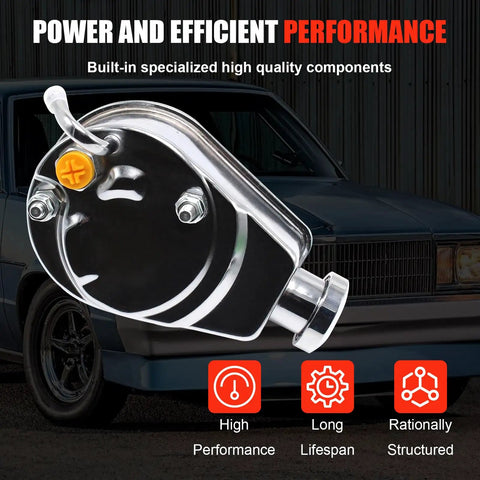 Dude This Sweet Xiloong Chrome Saginaw Power Steering Pump Is The Perfect Fit For Your Classic Gm Chevy Sbc Bbc Or Gmc Big Block 350 With Long Or Short Water Pump And It Works Like A Charm On Almost Any 1966 To 1974 Era Engine Setup Guaranteed. chrome power steering pump for classic GM car, side view