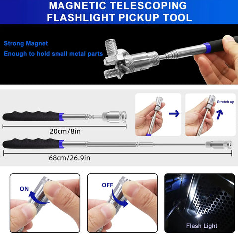 Magnetic telescoping flashlight pickup tool from 13 Piece Precision Hook And Pick Tool Set with Clip Removal Plier Rivet Puller