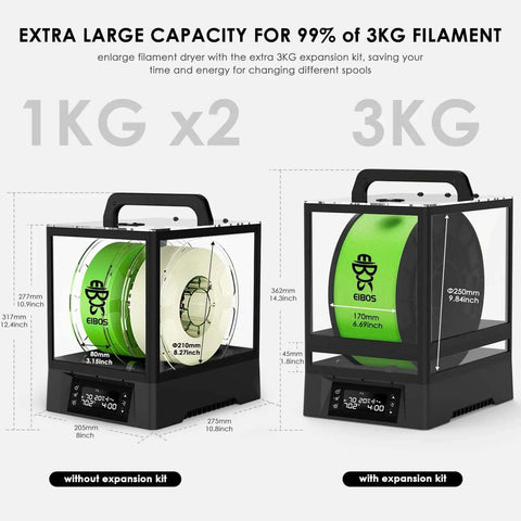 3D Printer Filament Dryer Box With Auto Rotation And Humidity Hold showing capacity for 1kg and 3kg spools, side by side comparison