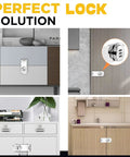 Keyless Combination Lock 2 Pack Sliding Door Latch for cabinets and doors, showing front and installed views in silver finish.