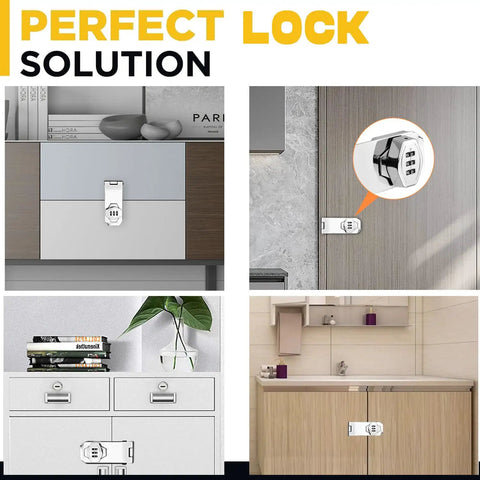 Keyless Combination Lock 2 Pack Sliding Door Latch for cabinets and doors, showing front and installed views in silver finish.