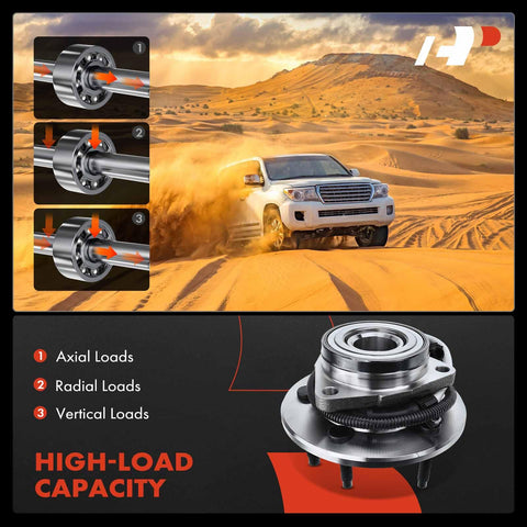 Graphic showing 2 Pack Front Wheel Bearing And Hub Assembly With ABS For Ford F150 1997 1998 1999 2000 4WD And 5 Lug set on desert background.