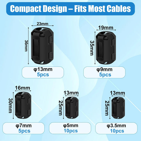 25 Piece Clip On Ferrite Core Bead Set For Cables EMI RFI Noise Suppressor Fits 3 5 7 9 13 mm Diameters Ideal For DIY Electronics