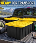 Heavy Duty 38 Gallon Storage Totes With Secure Snap On Lids 4 Pack Stackable Plastic Bins in truck for outdoor gear.
