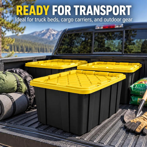 Heavy Duty 38 Gallon Storage Totes With Secure Snap On Lids 4 Pack Stackable Plastic Bins in truck for outdoor gear.