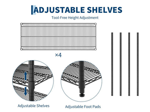 Heavy Duty Four Tier Wire Shelving Rack For Garage And Home Office Hella Sturdy Metal Storage Shelf with adjustable shelves and foot pads.