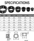 Specifications chart for 170 Pcs Black Round Nylon Cable Snap Grommets Set Durable PA66 Material Snap In Grommet Protectors Assorted Sizes From 5/16, 3/8, 1/2, 5/8, 3/4 And 1 Inch Locking Bushing Plugs For Cable Holes.