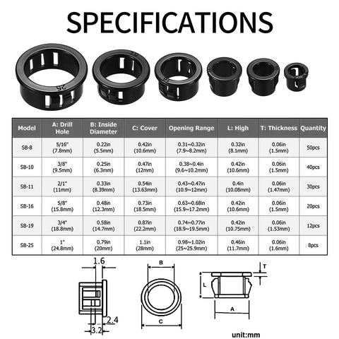 Specifications chart for 170 Pcs Black Round Nylon Cable Snap Grommets Set Durable PA66 Material Snap In Grommet Protectors Assorted Sizes From 5/16, 3/8, 1/2, 5/8, 3/4 And 1 Inch Locking Bushing Plugs For Cable Holes.