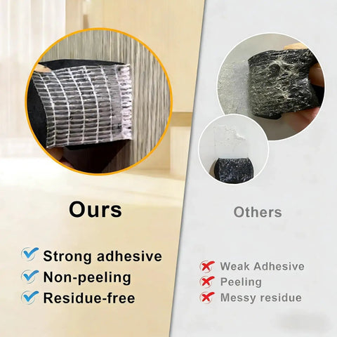 Comparison of Easy Fit Foam Insulation Tape with strong adhesive and other tape showing weak adhesive and residue.