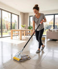 Woman using Built Tough Commercial Wet Mop Handles 3 Pack 58 Inch Metal Cleaning Poles Secure Jaw Clamp Head on tile floor.