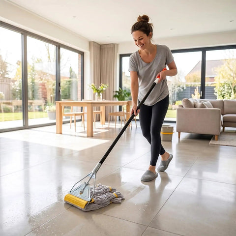 Woman using Built Tough Commercial Wet Mop Handles 3 Pack 58 Inch Metal Cleaning Poles Secure Jaw Clamp Head on tile floor.