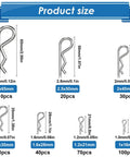 Durable Cotter Pin Kit With 300-Piece 304 Stainless Steel R Clips, 7 Sizes, detailed product size chart, automotive use