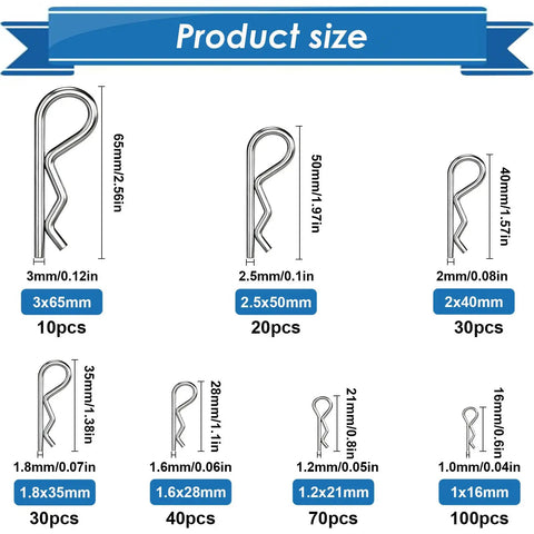 Durable Cotter Pin Kit With 300-Piece 304 Stainless Steel R Clips, 7 Sizes, detailed product size chart, automotive use