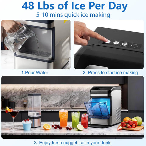 Countertop Nugget Ice Maker Makes Forty Eight Pounds Per Day With Instant Freeze Speed And Zero Stress Cleaning Whips Up Smooth Chewable Pellets For Legit Chill Backyard Hangs. User pouring water into the ice maker.