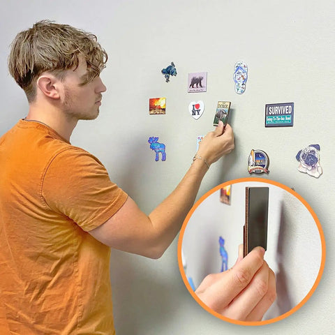 Man applying magnets to wall using Magnetic Paint And Primer Water Based 32oz High Yield For Any Surface Make It Magnetic Easily
