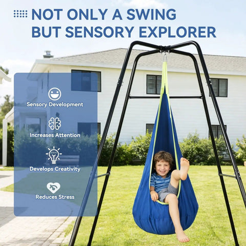 Kid Friendly Sensory Pod Swing Set With Heavy Duty Frame For Indoor Outdoor Play, hammock chair swing with child outdoors