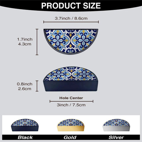 Product size with Blue Moroccan Pattern Boho Cabinet Handles Two Pack 3 Inch Hole Center Semicircle Drawer Pulls in black finish.
