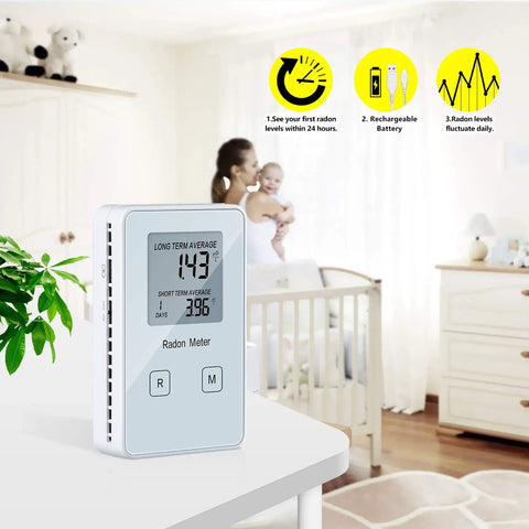 Portable Radon Detector And Home Radon Monitor Long And Short Term Radon Test Kit Rechargeable Battery Powered Meter on table