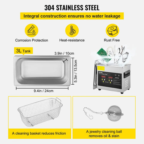 304 stainless steel 3L tank and accessories for Pro Grade Heavy Duty 3 Liter Digital Ultrasonic Cleaning Bath.
