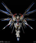 Front view of Strike Freedom Gundam MGEX Seed Destiny One Hundred Scale Model Kit With Extreme Metallic Finish And Sick Articulation