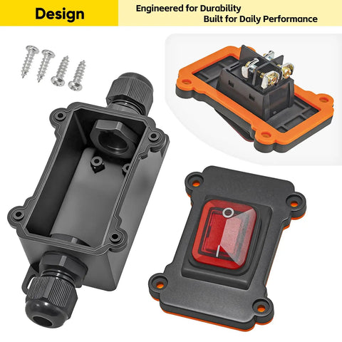 Waterproof Inline Rocker Switch Box For 12V To 24V Systems, 20A Lighted On Off Switch, outdoor controller parts with PG9 cable glands.