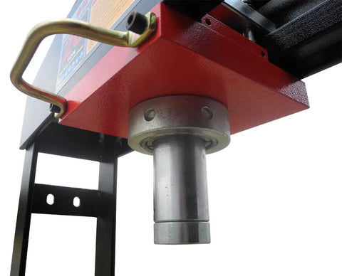 Close-up of the cylinder of a 20 Ton Air Powered Hydraulic Shop Press Featuring Deluxe Sliding Carriage Precision Pressure Gauge.