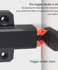 Close-up of black push to open cabinet latch showing mechanism with short trigger stroke, part of Push To Open Cabinet Latches 4 Pack, Sturdy Double Spring Hardware For Modern Kitchens And Bathrooms, Elegant Color Finish, Easy Install, Hassle Free Minimalist Cabinet Accessory For Smooth Quiet Operation.