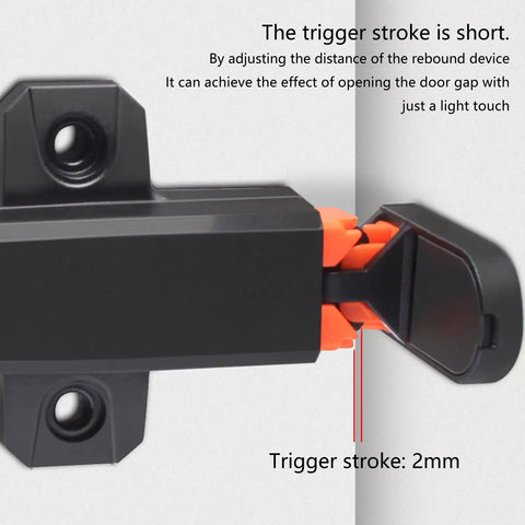 Close-up of black push to open cabinet latch showing mechanism with short trigger stroke, part of Push To Open Cabinet Latches 4 Pack, Sturdy Double Spring Hardware For Modern Kitchens And Bathrooms, Elegant Color Finish, Easy Install, Hassle Free Minimalist Cabinet Accessory For Smooth Quiet Operation.