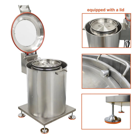 Straight Up Electric Food Dehydrator Spin Dryer Featuring Adjustable Centrifugal Action Up To Eight Hundred Fifty Rpm Crafted In Sturdy Stainless Steel, open lid view.