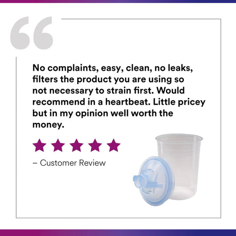Customer review with 5 stars highlighting Mini 6 Oz PPS Paint Cup Lids And Liners Kit for paint guns, showing a lid and liner