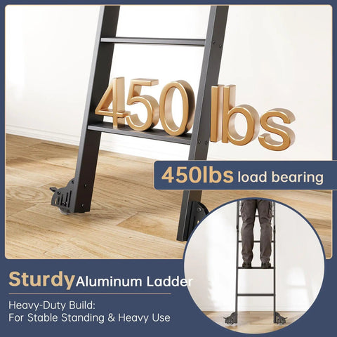 Heavy Duty 9ft Aluminum Rolling Library Ladder With 4ft Sliding Track Kit, 8 Steps With Handrail, Telescopic Hook Track And Brake Wheel, 450lbs Capacity, Black, Easy Assembly For Loft Bookshelf Attic Home Shop; 450lbs load bearing