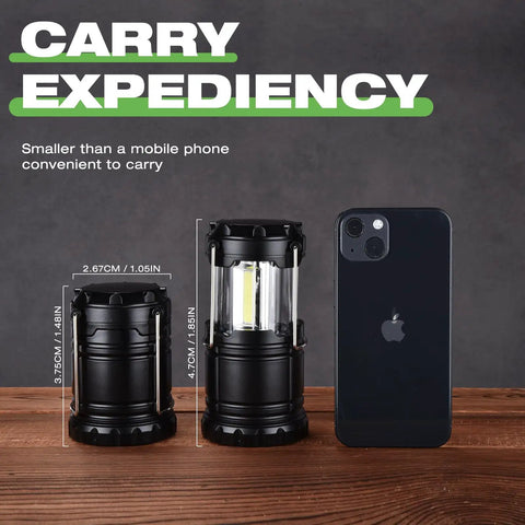Collapsible Camping Lantern 4 Pack Battery Operated LED Super Bright Light next to smartphone for size comparison