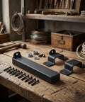 7.5-Inch Slide Bolt Gate Latch Padlockable 7.5-Inch Slide Bolt components arranged on a workbench with screws.