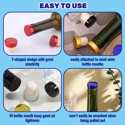 Slick PVC Heat Shrink Wine Capsules Paired With Wooden T Shape Stoppers And Sealing Plugs For DIY Cellar Wraps and Home Winemaking Craft Kits in various colors on wine bottles.