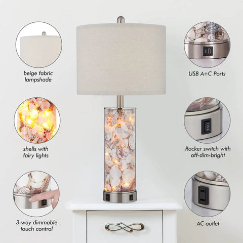 27.5 Inch Coastal Glass Table Lamps Set Of 2 With Seashells And Fairy Lights, 3 Way Dimmable Touch Lamps With USB Ports, beige shade