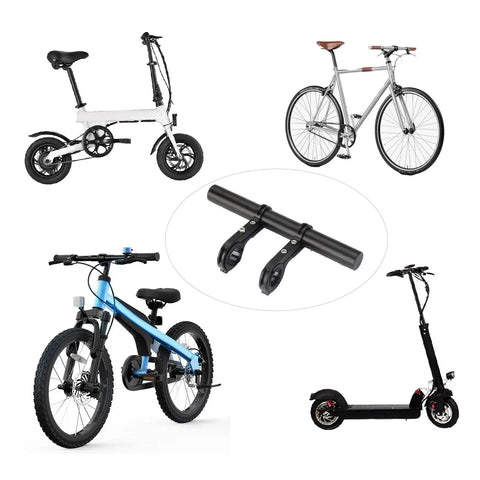 Bike Handlebar Extender With Dual Clamp Mount shown alongside various bicycles and scooter.