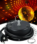 1.5 RPM Slow Disco Ball Motor for 4 to 16 Inch Mirror Balls shown with plug and chain with illuminated disco ball