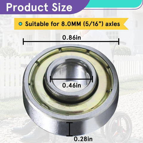 Close-up of Universal 8mm Wheelchair Caster Bearings Replacement Set for Rollators and Transport Chairs dimensions shown.