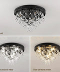 Lux Black Crystal Chandelier Light Fixture, Modern Ceiling Pendant For Hallways, Entryways, Dining Rooms And Bedrooms, 15.75 Inch Wide, shown in off, cool white, and warm white lighting settings, showcasing clear faceted crystals.