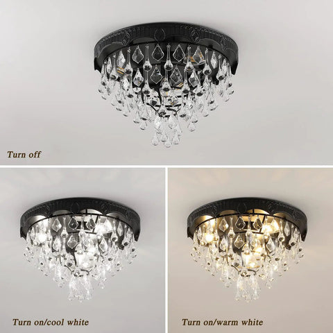 Lux Black Crystal Chandelier Light Fixture, Modern Ceiling Pendant For Hallways, Entryways, Dining Rooms And Bedrooms, 15.75 Inch Wide, shown in off, cool white, and warm white lighting settings, showcasing clear faceted crystals.