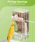 Clear Acrylic Automatic Bird Cage Feeder For Parakeets Budgies And Small Birds, No Mess Seed Dispenser Keeping Food Fresh And Dry, Birdie Approved Hassle Free Daily Setup with measuring size next to a bird.