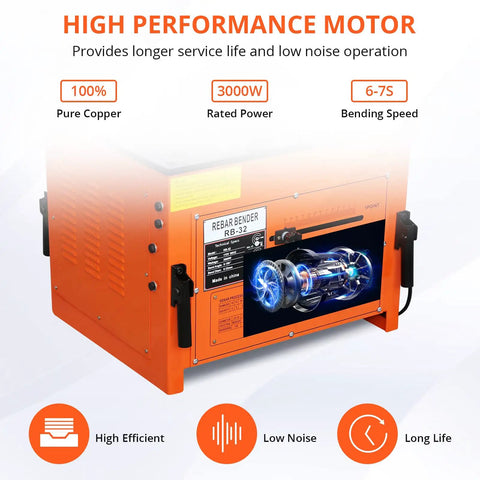 Heavy Duty 3000W Electric Rebar Bender That Slams Out Tight 180 Degree Rolls On One Piece Steel Rods Up To 1.3 Inches Fast With Foot Pedal For Construction Sites showing high-performance copper motor.