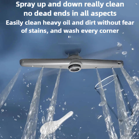 Water spraying from the nozzle of a Fully Automatic Portable Countertop Dishwasher Boasting Four Wash Cycles, Roomy Eight Place Setting Capacity.