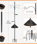 Squirrel Proof Bird Feeder Pole Kit, 92 Inch Height With 9 Prongs Base, adjustable hooks, includes baffle and bath tray.