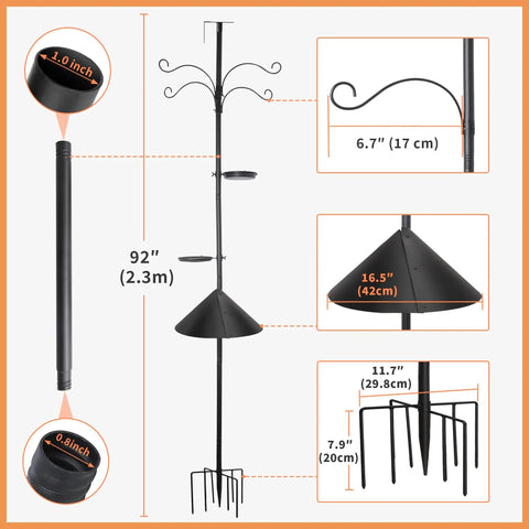Squirrel Proof Bird Feeder Pole Kit, 92 Inch Height With 9 Prongs Base, adjustable hooks, includes baffle and bath tray.