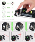 Person adjusting Cross Line Laser Level Kit With 8 Ft 2.5M Ruler For Flooring And Tile Installations Cabinet Mounting And Shelves Home Renovation Must Have Pro Grade For Quick Precise Level And Plumb Every Time, showing modes and features.