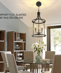 Dope 4 Light Pendant Fixture for dining room with black cage design, mounted on ceiling above dining table.
