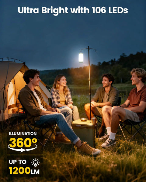 Four people camping at night with 106 LED Camping Lantern With 5000mAh Battery, Up To 80 Hours Of Light, illuminating the group.